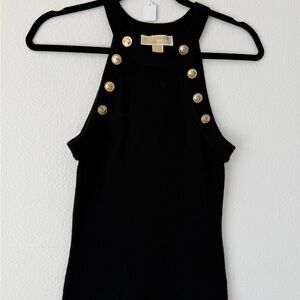 Michael Kors Black Ribbed Tank Dress with Gold Button Accents